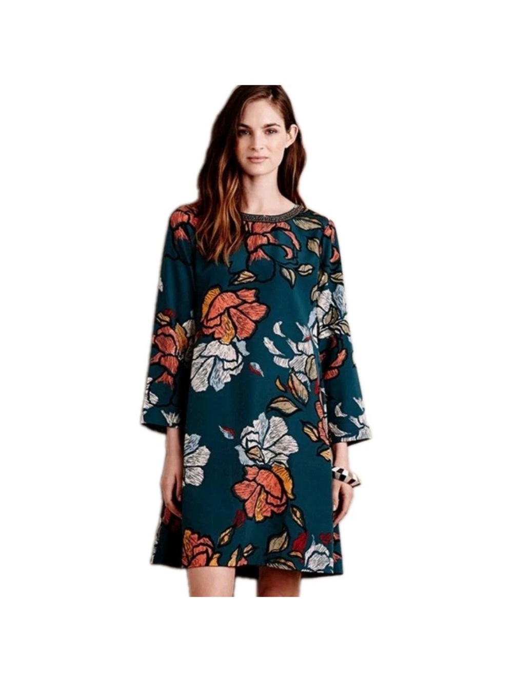 Maeve Anthropologie Mini Dress Green Peonies 3/4 Sleeve Small Beaded Neck Sz M